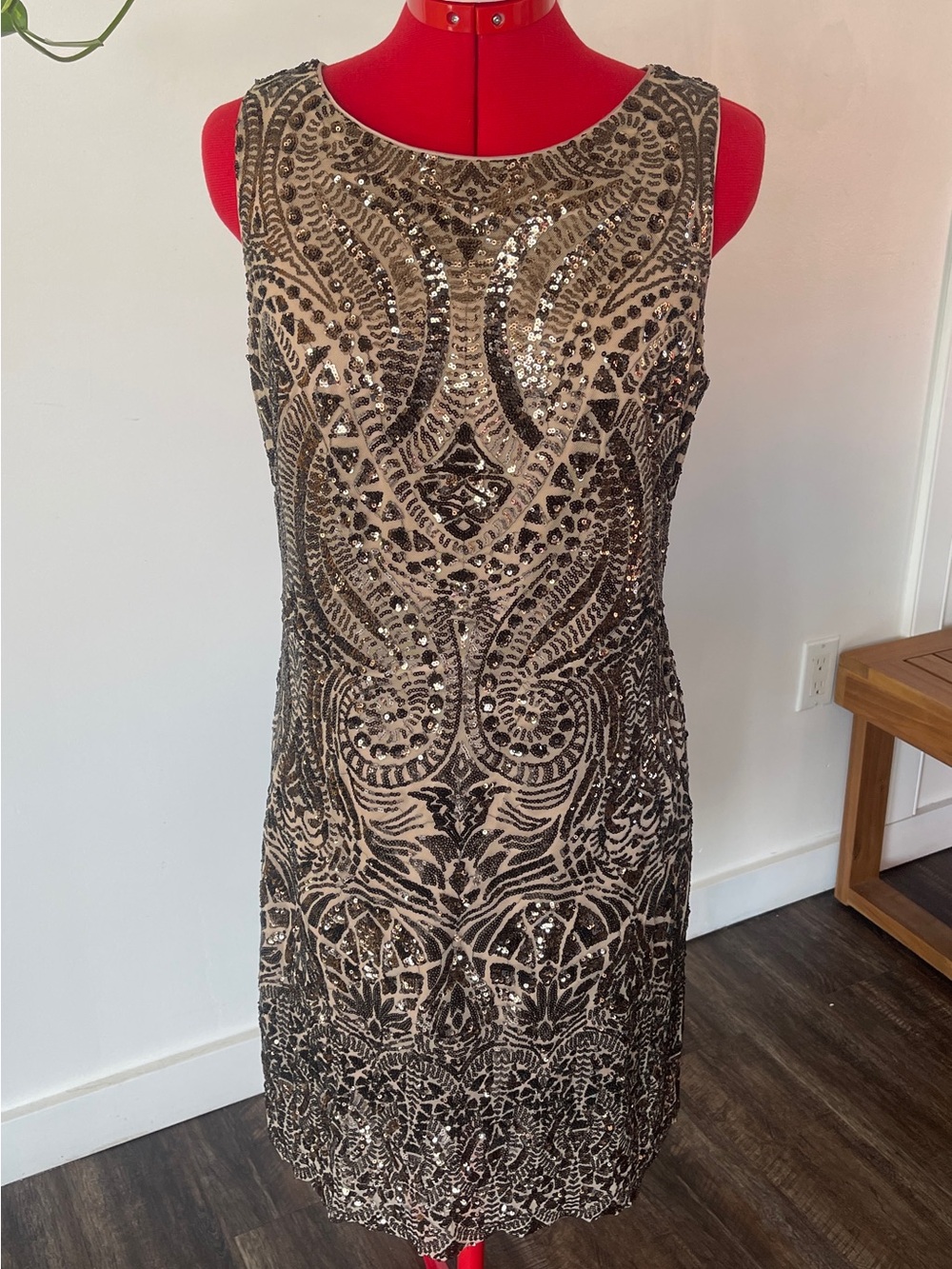 Vince Camuto Nude and Black Sequin Sheath Midi Dress